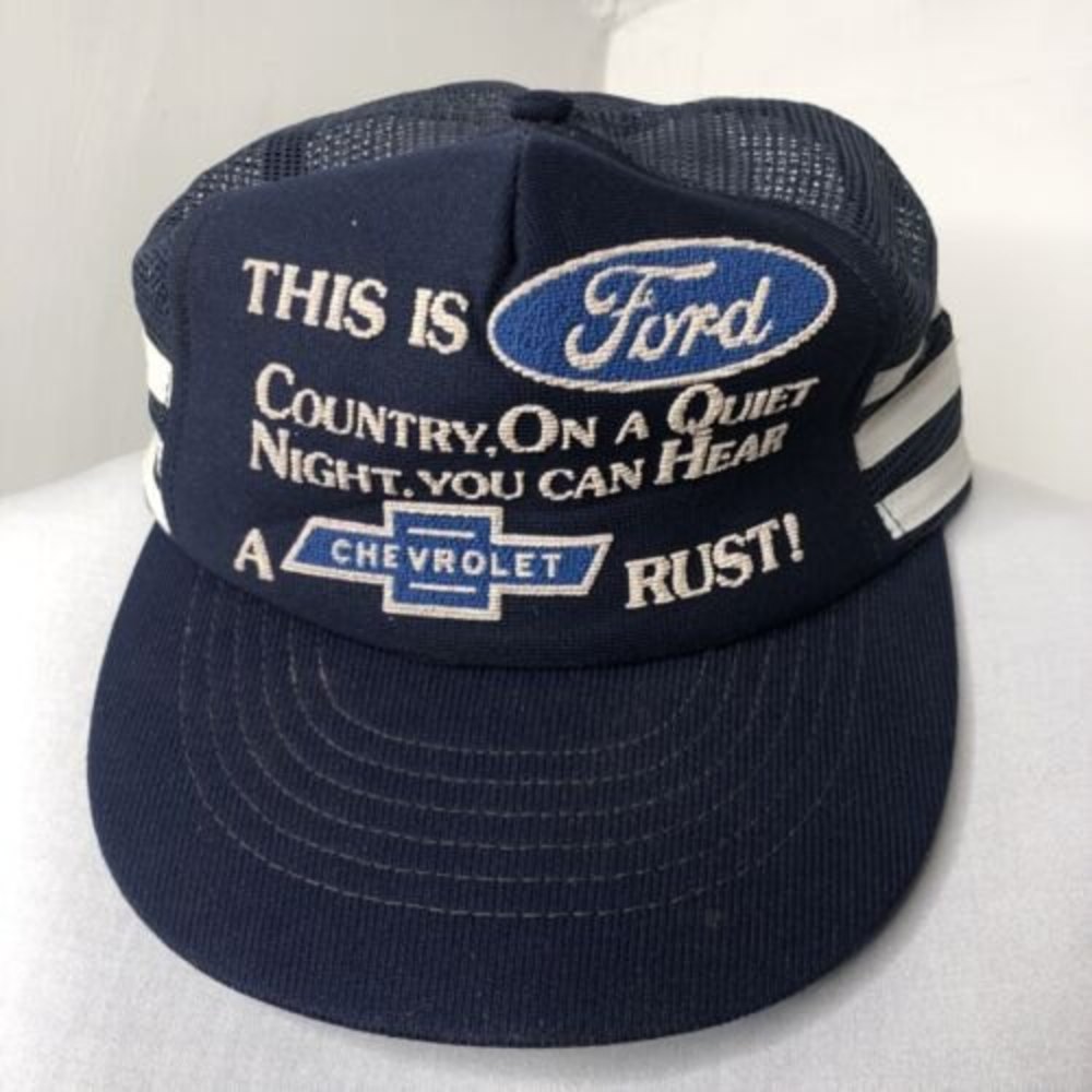 Vintage 70s Snapback Hat 3 Stripes Puff Trucker THIS IS FORD COUNTRY Mesh